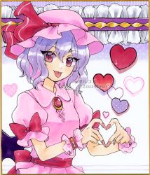 Rule 34 | 1girl, 2zuz4hru, back bow, bow, breasts, brooch, collared shirt, finger heart, fingernails, hat, hat ribbon, heart, highres, jewelry, looking at viewer, marker (medium), mob cap, nail polish, pink hat, pink nails, pink shirt, pink skirt, puffy short sleeves, puffy sleeves, red bow, red eyes, red ribbon, red sash, remilia scarlet, ribbon, sash, shirt, short sleeves, skirt, skirt set, small breasts, solo, tongue, tongue out, touhou, traditional media, upper body, waist bow