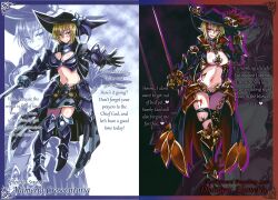 Rule 34 | 1girl, alameria crescentria, alternate costume, armor, armored boots, armored skirt, asymmetrical legwear, before and after, bikini armor, blonde hair, body markings, boots, breastplate, breasts, chain, character name, collar, corruption, dark persona, dhampir, dhampir (monster girl encyclopedia), dhampir alameria, dual persona, english text, feathers, female focus, full body, gauntlets, gluteal fold, half-human, half-undead, hat, hat feather, highres, hip tattoo, jacket, kenkou cross, large breasts, leg tattoo, military, mixed species, monster girl, monster girl encyclopedia, monster girl encyclopedia ii, monster girl encyclopedia world guide side ii: salvarision: the fallen knights of lescatie, monsterification, multicolored hair, navel, official art, open clothes, open jacket, pale skin, rapier, red hair, revealing clothes, skirt, slit pupils, stomach tattoo, streaked hair, sword, tattoo, transformation, two-tone hair, undead, uneven legwear, vampire, warrior, weapon, zoom layer