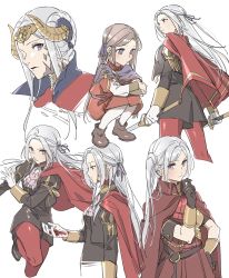 Rule 34 | 1girl, blood, blood on clothes, blood on face, blood on gloves, blood on hands, commentary request, dual wielding, edelgard von hresvelg, fake horns, fire emblem, fire emblem: three houses, garreg mach monastery uniform, gloves, hair ornament, edelgard von hresvelg (hegemon husk), highres, holding, holding sword, holding weapon, horns, long hair, long sleeves, looking at viewer, multiple views, nanao parakeet, nintendo, pantyhose, shorts, side ponytail, simple background, spoilers, sword, weapon, white background, aged down