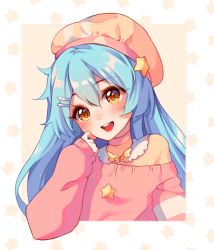 Rule 34 | 1girl, :d, artist name, beret, blue hair, blush, brown background, brown eyes, brown hat, brown shirt, commentary, commission, english commentary, hair ornament, hairclip, hat, head tilt, hyanna-natsu, long hair, long sleeves, off shoulder, open mouth, original, pink sweater, round teeth, shirt, sleeves past wrists, smile, solo, star (symbol), starry background, sweater, teeth, two-tone background, upper body, upper teeth only, watermark, white background