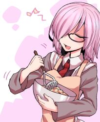 Rule 34 | 1girl, apron, blush, bowl, brown-framed eyewear, brown apron, closed eyes, commentary request, fate/grand order, fate (series), glasses, grey shirt, hair between eyes, hair over one eye, highres, holding, holding bowl, kuri dora, long bangs, long sleeves, mash kyrielight, mashed potatoes, musical note, necktie, open mouth, pink background, potato masher (cooking), pun, purple eyes, red necktie, shirt, short hair, simple background, smile, solo, two-tone background, upper body, white background