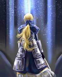 Rule 34 | 1girl, armor, armored dress, artoria pendragon (all), artoria pendragon (fate), bad id, bad pixiv id, blonde hair, blue dress, blue ribbon, dress, facing away, fate/grand order, fate (series), faulds, from behind, gauntlets, highres, holding, holding weapon, knight, long hair, low tied hair, puffy sleeves, ribbon, saber (fate), user east4478, weapon
