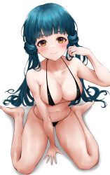 Rule 34 | 1girl, absurdres, bare arms, bare legs, bare shoulders, barefoot, between legs, bikini, black bikini, blue hair, blunt bangs, blush, breasts, cleavage, closed mouth, collarbone, commentary, covered erect nipples, from above, groin, halterneck, hand between legs, hand in own hair, hand up, highres, idolmaster, idolmaster million live!, kitakami reika, lds (dstwins97), long hair, looking at viewer, looking up, low twintails, medium breasts, micro bikini, navel, shadow, simple background, sitting, smile, solo, stomach, string bikini, swimsuit, twintails, very long hair, wariza, white background, yellow eyes