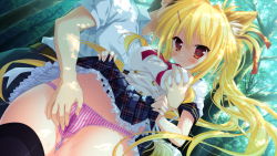 Rule 34 | 1girl, animal ears, blonde hair, breasts, clothes lift, fingering, forest, fox ears, game cg, grabbing, grabbing another&#039;s breast, karin amagi, long hair, magical marriage lunatics!!, moonstone, nature, panties, red eyes, skirt, skirt lift, smile, striped clothes, striped panties, thighhighs, tree, underwear, upskirt, yamakaze ran