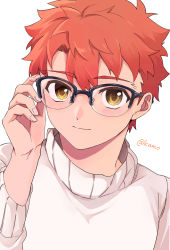 Rule 34 | 1boy, black-framed eyewear, blush, commentary request, emiya shirou, fate/hollow ataraxia, fate/stay night, fate (series), glasses, hair between eyes, hand up, highres, kamo 0707, light blush, light smile, long sleeves, looking at viewer, male focus, orange hair, red hair, short hair, simple background, solo, sweater, sweater around neck, twitter username, upper body, white background, white sweater, yellow eyes