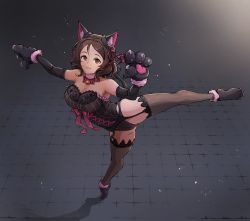 Rule 34 | 1girl, absurdres, animal ears, animal hands, bell, bow, breasts, brown eyes, brown hair, cat ears, cat tail, character request, cleavage, fake animal ears, garter belt, gloves, hair ornament, hair ribbon, highres, idolmaster, idolmaster cinderella girls, neck bell, paw gloves, paw shoes, ribbon, solo, standing, standing on one leg, tail, tail bow, tail ornament, tile floor, tiles, ushimochi