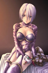 Rule 34 | 1girl, bed, bed sheet, breasts, brown background, cleavage, cleavage cutout, clothing cutout, corset, garter straps, isabella valentine, kagehara hanzou, large breasts, looking at viewer, on bed, purple eyes, purple thighhighs, short hair, silver hair, simple background, sitting, solo, soul calibur, soulcalibur i, thighhighs, zettai ryouiki