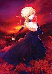 Rule 34 | 1girl, artoria pendragon (all), artoria pendragon (fate), backless dress, backless outfit, blonde hair, blue bow, blue hair, blue sleeves, bow, breasts, choker, detached sleeves, dress, excalibur morgan (fate), fate/stay night, fate (series), field, flower, flower field, from behind, grin, hair between eyes, hair bow, holding, holding sword, holding weapon, long dress, long sleeves, looking at viewer, looking back, medium breasts, outdoors, parted lips, petals, red bow, red flower, saber alter, shuen, sideboob, sleeveless, sleeveless dress, smile, solo, standing, star (sky), sword, weapon, yellow eyes