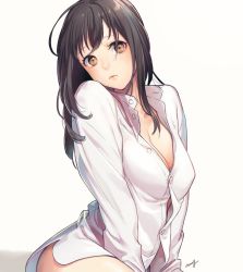 Rule 34 | 1girl, amg (nwmnmllf), artist name, between legs, breasts, brown eyes, brown hair, cleavage, closed mouth, dress shirt, hand between legs, large breasts, lips, long hair, looking at viewer, naked shirt, original, partially unbuttoned, shirt, simple background, sitting, solo, yellow background