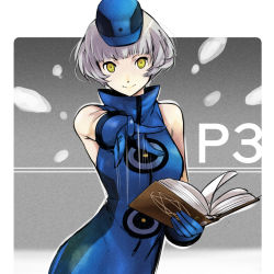 Rule 34 | 1girl, banjo (technistep), book, breasts, dress, elizabeth (persona), female focus, gloves, gradient background, hat, highres, persona, persona 3, short hair, sleeveless, sleeveless dress, smile, solo, white background, white hair, yellow eyes