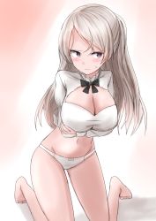 Rule 34 | 1girl, absurdres, barefoot, blouse, breasts, brown eyes, cleavage, cleavage cutout, clothing cutout, conte di cavour (kancolle), crossed arms, full body, highres, kamaboko senshi, kantai collection, kneeling, large breasts, long hair, long sleeves, panties, shirt, silver hair, solo, two side up, underwear, white panties, white shir, white shirt
