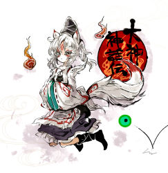 Rule 34 | 1girl, animal ears, bad id, bad pixiv id, cis (carcharias), crossover, grey eyes, hitodama, issun, japanese clothes, kemonomimi mode, mini person, miniboy, mononobe no futo, ookami (game), short hair, solo, sumi-e, sword, tail, tattoo, touhou, weapon, white hair, wolf ears, wolf tail