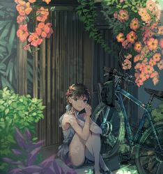 Rule 34 | 1girl, bag, bare arms, bare legs, bare shoulders, bicycle, braid, brown hair, commentary request, flower, hair ornament, hairclip, highres, hina (xoxo), md5 mismatch, original, outdoors, plant, red flower, resolution mismatch, shirt, shoes, short hair, sitting, solo, source smaller, tearing up, white shirt