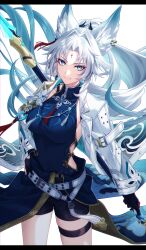 Rule 34 | 1girl, absurdres, animal ear fluff, animal ears, belt, black shorts, blue hair, blue shirt, breasts, commentary request, cowboy shot, feixiao (honkai: star rail), forehead jewel, fox ears, fox girl, gradient hair, green eyes, grey jacket, highres, holding, holding polearm, holding weapon, honkai: star rail, honkai (series), jacket, large breasts, long hair, long sleeves, looking at viewer, looking up, multicolored hair, open clothes, open jacket, parted bangs, pochimaru (marumaru wanwan), polearm, shirt, short shorts, shorts, simple background, sleeveless, sleeveless shirt, smile, solo, two-tone hair, weapon, white background, white belt, white hair