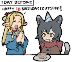 Rule 34 | 2girls, :d, ^ ^, animal ears, birthday cake, black hair, blonde hair, blue capelet, blue robe, braid, brown coat, cake, candle, capelet, cat ears, cat girl, cat tail, closed eyes, coat, commentary, dungeon meshi, english commentary, english text, food, hair ribbon, hands up, izutsumi, marcille donato, multiple girls, open mouth, pantsu-ripper, pointy ears, red ribbon, red scarf, ribbon, robe, scarf, short hair, smile, speech bubble, table, tail, upper body, white background, wide sleeves