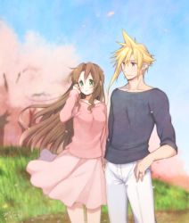 Rule 34 | 1boy, 1girl, aerith gainsborough, alternate costume, blonde hair, blue eyes, blue sky, blush, breasts, brown hair, cherry blossoms, cleavage, cloud strife, collarbone, falling petals, final fantasy, final fantasy vii, grass, green eyes, grey shirt, hair down, hand in own hair, jewelry, krudears, long hair, long sleeves, medium breasts, necklace, pants, parted bangs, petals, pink shirt, pink skirt, ring, shirt, sidelocks, skirt, sky, sleeves rolled up, spiked hair, thumb in pocket, white pants