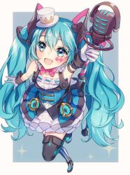 Rule 34 | 1girl, arm up, aryuma772, black dress, black thighhighs, bow, bowtie, commentary, dress, foreshortening, frilled dress, frills, from above, gloves, hair ornament, hat, hatsune miku, highres, hip gear, holding, holding wand, leg up, long hair, looking at viewer, magical mirai (vocaloid), magical mirai miku, magical mirai miku (2019), microphone, microphone wand, mini hat, mini top hat, open mouth, outstretched arm, pink bow, pink bowtie, sleeveless, sleeveless dress, smile, solo, standing, standing on one leg, striped clothes, striped thighhighs, thighhighs, top hat, twintails, very long hair, vocaloid, wand, white gloves, white hat, wrist cuffs