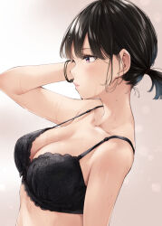 Rule 34 | 1girl, bare shoulders, black bra, black hair, blush, bra, bracelet, breasts, cleavage, collarbone, highres, jewelry, lace, lace-trimmed bra, lace trim, large breasts, mole, mole on neck, original, purple eyes, short ponytail, solo, underwear, wet, wing (aiastor)