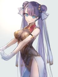 Rule 34 | 1girl, alternate costume, armband, ashita kura, bad id, bad twitter id, bare arms, bare shoulders, blue eyes, blush, breasts, china dress, chinese clothes, cross, double bun, dress, earrings, fate/grand order, fate (series), gloves, gold trim, hair bun, hair ornament, hair ribbon, heroic spirit traveling outfit, highres, jewelry, long dress, long hair, looking at viewer, martha (fate), martha (traveling outfit) (fate), medium breasts, pelvic curtain, purple eyes, purple hair, ribbon, side slit, simple background, sleeveless, sleeveless dress, smile, solo, twintails, very long hair, white gloves