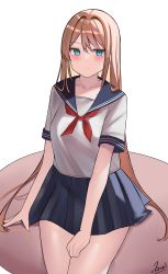 Rule 34 | 1girl, absurdres, arm support, azurel577, bad id, bad pixiv id, blonde hair, blue eyes, blush, frown, hair intakes, hand on own thigh, highres, long hair, looking at viewer, miniskirt, neckerchief, on finger, original, pleated skirt, school uniform, serafuku, short sleeves, signature, sitting, skirt, solo, thighs, very long hair