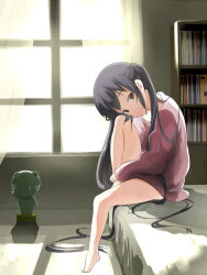 Rule 34 | 1girl, backlighting, bad id, bad pixiv id, barefoot, bed, black hair, brown eyes, frog, head tilt, k-on!, long hair, nakano azusa, no pants, nuezou, solo, statue, sweater, twintails, very long hair