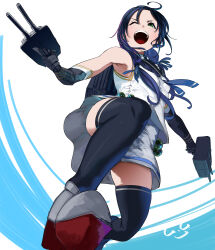 Rule 34 | 1girl, adapted turret, ahoge, black neckerchief, blue background, blue hair, blush, breasts, elbow gloves, gegeron, gloves, gradient hair, green eyes, gun, hair ribbon, highres, kantai collection, long hair, low twintails, multicolored hair, neckerchief, one eye closed, open mouth, ribbon, sailor collar, school uniform, serafuku, signature, skirt, sleeveless, small breasts, smile, suzukaze (kancolle), thighhighs, torpedo launcher, torpedo tubes, twintails, weapon, white background, white serafuku