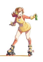 Rule 34 | 1girl, alternate costume, automatic giraffe, blue eyes, breasts, brown hair, commentary, crossover, crown, daisy, dress, earrings, english commentary, flower, flower earrings, gloves, highres, holding, jet set radio, jewelry, long hair, looking at viewer, mario (series), nintendo, open mouth, orange gloves, princess daisy, roller skates, sega, shadow, skates, smile, solo, spray can