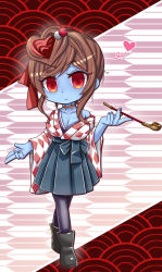 Rule 34 | 10s, 1girl, ankle boots, arms up, ayu minori, bare shoulders, black footwear, black hakama, black pantyhose, blue skin, boots, breasts, brown hair, checkered clothes, checkered kimono, chibi, cleavage, collarbone, colored skin, commentary, crossed legs, fingernails, food-themed hair ornament, hair ornament, hair stick, hakama, hakama skirt, heart, highres, holding, holding smoking pipe, japanese clothes, kimono, kiseru, large breasts, light smile, looking at viewer, off shoulder, pantyhose, red eyes, scar, scar on neck, seigaiha, skirt, smoking pipe, solo, standing, two-tone background, yagasuri, yuugiri (zombie land saga), zombie, zombie land saga
