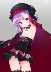 Rule 34 | 1girl, armpits, artist name, bad id, bad pixiv id, belt, belt buckle, beret, black collar, black dress, black hat, black jacket, black thighhighs, blush, bow, buckle, closed mouth, collar, detached collar, dress, fate/grand order, fate (series), frilled dress, frills, grey background, hat, head tilt, helena blavatsky (fate), helena blavatsky (third ascension) (fate), jacket, looking at viewer, open clothes, open jacket, purple belt, purple eyes, purple hair, sefirot, simple background, smile, solo, strapless, strapless dress, thighhighs, tousaki shiina, white bow