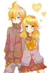 Rule 34 | 1boy, 1girl, bad id, bad pixiv id, blonde hair, blue eyes, blush, bow, brother and sister, couple, frown, hair bow, hair ribbon, hand in pocket, hand on another&#039;s head, heart, kagamine len, kagamine rin, poco24, ribbon, school uniform, serafuku, short hair, siblings, skirt, smile, twins, twintails, vocaloid
