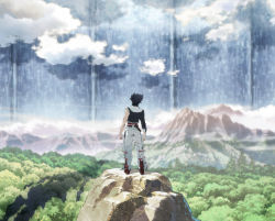 Rule 34 | 1boy, back arrow, back arrow (character), black hair, black jacket, boots, cloud, day, forest, from behind, highres, jacket, key visual, knee boots, mountain, nature, official art, outdoors, pants, promotional art, scenery, short hair, single sleeve, solo, standing, torn clothes, torn pants, white pants, wide shot