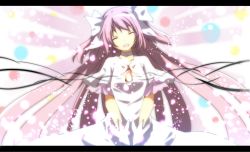 Rule 34 | 10s, 1girl, alternate costume, alternate hairstyle, bad id, bad pixiv id, bow, closed eyes, female focus, gloves, hair bow, itoo, kaname madoka, letterboxed, long hair, magical girl, mahou shoujo madoka magica, mahou shoujo madoka magica (anime), megami madoka, pink hair, smile, solo, spoilers, ultimate madoka, very long hair, white background, white gloves