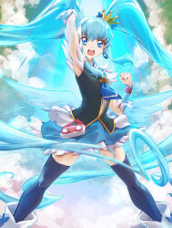 Rule 34 | 1girl, arm up, artist name, blue eyes, blue hair, blue necktie, blue skirt, blue thighhighs, boots, brooch, clear glass (mildmild1311), cloud, cloudy sky, commentary request, crown, crown hair ornament, cure princess, earrings, hair ornament, happinesscharge precure!, heart, heart brooch, heart hair ornament, highres, jewelry, long hair, looking at viewer, magical girl, mini crown, necktie, open mouth, pouch, precure, serious, shirayuki hime, signature, skirt, sky, solo, thighhighs, twintails, twitter username, vest, wind, wing earrings, wrist cuffs