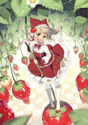 Rule 34 | 1000marie, 1girl, blurry, checkered floor, depth of field, flower, food, food-themed hair ornament, fruit, green eyes, hair ornament, looking at viewer, mini person, minigirl, open mouth, original, pantyhose, solo, strawberry, strawberry hair ornament, white pantyhose