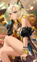 1girl animal_ears bare_shoulders blonde_hair bra bracelet genshin_impact green_eyes hair_ornament highres jacket jaguar_ears jewelry long_hair long_sleeves looking_at_viewer nail_polish nima_(niru54) open_clothes open_jacket shorts sitting solo thighs underwear vision_(genshin_impact) white_bra xilonen_(genshin_impact) yellow_jacket