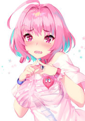 Rule 34 | 1girl, :o, ahoge, bare shoulders, blue hair, blush, breasts, collar, commentary request, fang, hair intakes, hands up, heart, heart on chest, idolmaster, idolmaster cinderella girls, large breasts, looking at viewer, multicolored hair, off-shoulder shirt, off shoulder, open mouth, pink eyes, pink hair, shirt, short hair, short sleeves, skeleton print, skin fang, solo, star (symbol), twiddling fingers, two-tone hair, upper body, white background, white shirt, wristband, yoshimoto (dear life), yumemi riamu