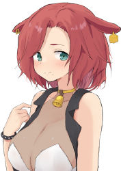 Rule 34 | 1girl, absurdres, animal ears, bare shoulders, bell, blush, bracelet, breasts, cleavage, closed mouth, collarbone, covered collarbone, cow ears, ear tag, female focus, forehead, green eyes, hand up, highres, hinata channel, jewelry, medium breasts, mole, mole under eye, parted bangs, red hair, see-through, shirt, simple background, sleeveless, sleeveless shirt, smile, solo, spiked bracelet, spikes, upper body, virtual youtuber, white background, yahiro kei, yakihebi
