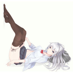 Rule 34 | 10s, 1girl, black panties, black skirt, blue eyes, bow, bow panties, breasts, closed mouth, clothes pull, covered erect nipples, from side, hair down, highres, inushi, kantai collection, kashima (kancolle), legs together, legs up, light smile, long hair, looking at viewer, lying, medium breasts, navel, on back, panties, panty pull, pantyhose, pantyhose pull, pleated skirt, side-tie panties, silver hair, simple background, skirt, smile, solo, underwear, white background