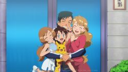 Rule 34 | 2boys, 2girls, :d, aged up, ash ketchum, black hair, blonde hair, blue eyes, blue ribbon, brown hair, buttons, closed eyes, creatures (company), day, earrings, eyelashes, facing viewer, family, game freak, gen 1 pokemon, grin, hair ribbon, happy, highres, if they mated, jacket, jewelry, leg up, long hair, mixed-language commentary, multiple boys, multiple girls, nintendo, noelia ponce, open mouth, outdoors, pikachu, pink jacket, pokemon, pokemon (anime), pokemon (creature), pokemon xy (anime), ponytail, ribbon, ring, serena (pokemon), shirt, short sleeves, skirt, smile, teeth, tongue, v, watermark, wristband