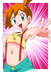 Rule 34 | 1girl, asymmetrical hair, blush, breasts, creatures (company), denim, denim shorts, eyelashes, game freak, green eyes, gym leader, hainchu, hair between eyes, hair tie, heart, highres, looking at viewer, midriff, misty (pokemon), navel, nintendo, open mouth, orange hair, pokemon, pokemon (anime), pokemon (classic anime), ponytail, shirt, short hair, short shorts, shorts, side ponytail, smile, solo, stomach, suspenders, tank top, yellow shirt, yellow tank top