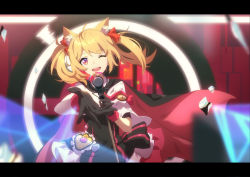 Rule 34 | 1girl, ;d, ahoge, animal ear fluff, animal ears, arknights, black gloves, black shirt, blonde hair, bow, cape, chinese commentary, cowboy shot, dadijiji, fox ears, gloves, highres, letterboxed, looking at viewer, medium hair, microphone stand, miniskirt, music, one eye closed, open mouth, outstretched hand, pov, reaching, reaching towards viewer, red eyes, shirt, singing, skirt, smile, solo, sora (arknights), twintails, white skirt, wolf ears