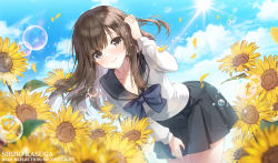 Rule 34 | 1girl, apple caramel, arm up, black sailor collar, black skirt, blue bow, blue reflection (series), blue reflection tie, blue sky, blurry, blurry foreground, blush, bow, brown eyes, brown hair, character name, closed mouth, cloud, commentary request, commission, copyright name, day, depth of field, flower, highres, kasuga shiho, leaning forward, long hair, long sleeves, looking at viewer, outdoors, petals, pixiv commission, pleated skirt, sailor collar, school uniform, serafuku, shirt, skirt, sky, smile, solo, sun, sunflower, sunlight, white shirt, yellow flower