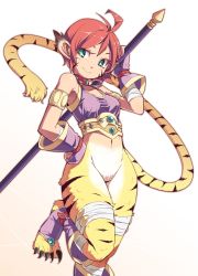 Rule 34 | 1girl, ahoge, animal ears, armlet, bandages, beanpaste, bottomless, breath of fire, breath of fire ii, cat ears, cat tail, claws, crop top, facial mark, fingerless gloves, fur, gloves, green eyes, hand on own hip, highres, jewelry, looking at viewer, navel, necklace, red hair, rinpoo chuan, shirt, short hair, slit pupils, smile, solo, staff, standing, standing on one leg, tail, taut clothes, taut shirt, tiger stripes, toeless legwear, toes, weapon, whisker markings