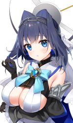 Rule 34 | 1girl, :o, arm under breasts, ayamy, black gloves, blue eyes, blue hair, bow, bowtie, breasts, cape, chain, chain headband, cleavage, cleavage cutout, clothing cutout, detached sleeves, gloves, hair intakes, halo, head chain, highres, holocouncil, hololive, hololive english, jewelry, large breasts, looking at viewer, mechanical halo, ouro kronii, parted lips, short hair, solo, upper body, veil, virtual youtuber