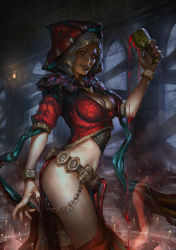 Rule 34 | 1girl, absurdres, aestium ~dawn of hope~, belt, black nails, blood, boarded windows, breasts, chain, chalice, cleavage, cowboy shot, cup, fingernails, glowing, glowing eyes, highres, hood, indoors, interior, lipstick, looking at viewer, makeup, medium breasts, midriff, nail polish, pelvic curtain, red eyes, red lips, revealing clothes, sharp fingernails, smile, solo, spilling, standing, white hair, window, wrist cuffs, yan kyohara