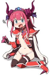Rule 34 | 1girl, armor, bikini, bikini armor, black thighhighs, blue eyes, blush, boots, cape, choker, curled horns, dokan (dkn), dragon horns, elizabeth bathory (brave) (fate), elizabeth bathory (fate), fang, fate/grand order, fate (series), flat chest, hair between eyes, hair ornament, holding, horns, long hair, looking at viewer, navel, open mouth, pauldrons, pink hair, pointy ears, red armor, red bikini, ribbon, shoulder armor, simple background, sitting, solo, string bikini, swimsuit, tears, thighhighs, tiara, two side up, vambraces, white background, white cape