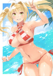 Rule 34 | 1girl, absurdres, ahoge, beach, bikini, blonde hair, breasts, cowboy shot, curvy, day, denizen tomo, fate/grand order, fate (series), gluteal fold, green eyes, grin, hair intakes, halterneck, highres, large breasts, long hair, looking at viewer, navel, nero claudius (fate), nero claudius (fate) (all), nero claudius (swimsuit caster) (fate), ocean, outdoors, scrunchie, side-tie bikini bottom, sky, smile, solo, striped bikini, striped clothes, swimsuit, thigh gap, twintails, w, wrist scrunchie