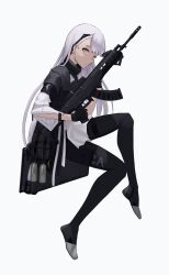 Rule 34 | 1girl, absurdres, ak-alfa, ak-alfa (girls&#039; frontline), bag, black cape, black gloves, black pantyhose, cape, girls&#039; frontline, gloves, gun, hair ornament, highres, holding, holding gun, holding weapon, long hair, looking at viewer, open mouth, pantyhose, pouch, shirt, shoulder bag, simple background, spitzernt, suitcase, thigh pouch, trigger discipline, very long hair, weapon, white background, white hair, white shirt, yellow eyes