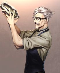 Rule 34 | 1boy, apron, bartender, black bow, black bowtie, bow, bowtie, cocktail shaker, facial hair, fate/grand order, fate (series), glasses, grey hair, james moriarty (archer) (fate), male focus, mustache, nakuta, old, old man, sleeves rolled up, solo, vest, waistcoat