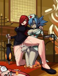 Rule 34 | 1futa, 1girl, aftersex, bandages, blue hair, blush, bottomless, boxman, breasts, cleavage, clothed sex, cuffs, cum, cum in pussy, dress, erection, futa with female, futanari, handcuffs, highres, kneeling, large breasts, large penis, no panties, nurse, parasoul (skullgirls), penis, pussy, red eyes, red hair, restrained, rolling eyes, saliva, skullgirls, smile, tongue, tongue out, uncensored, undead, vaginal, valentine (skullgirls), veins, veiny penis